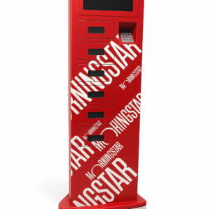 Charging locker tower rental with custom red branded wrap, touchscreen and keypad lockers