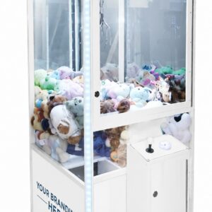 White free-play claw machine with custom branding panels, LED corner lighting and plush prizes