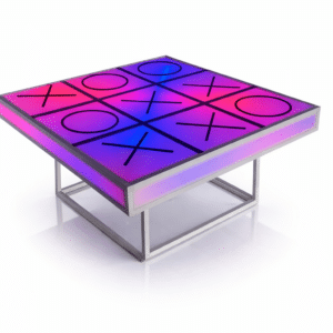 LED tic tac toe table glowing pink and purple on a brushed steel base