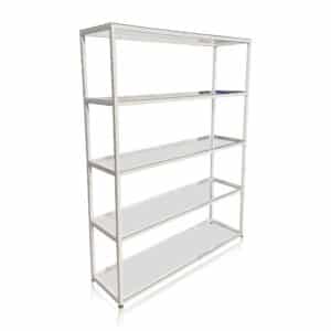 Tiffany white metal display shelf with five clear glass shelves