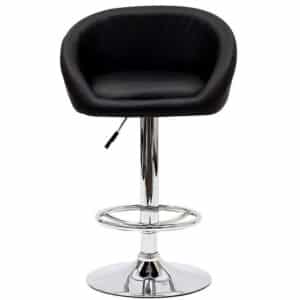 Scoop black bucket-seat bar stool with chrome footrest and base