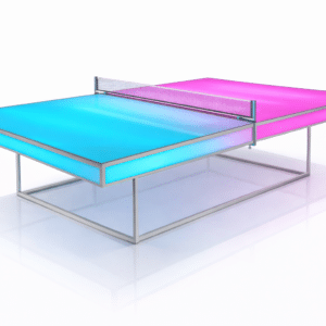 LED ping pong table lit blue and pink on a brushed steel frame