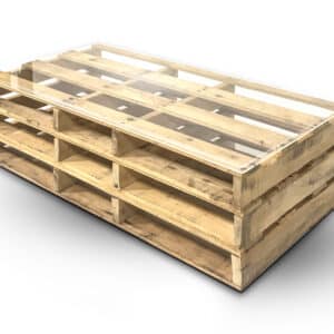 Rustic stacked wood pallet coffee table with a clear glass top