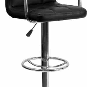 Stella black quilted bar stool with chrome arms, footrest and round base